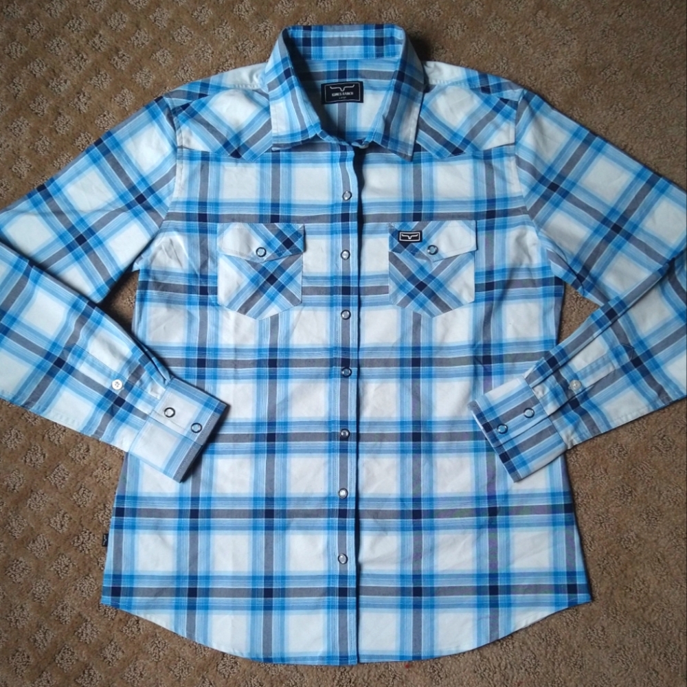 Kimes Ranch Long Sleeve Button Down Plaid Shirt Blue/Grey Women's Sz Large NWT